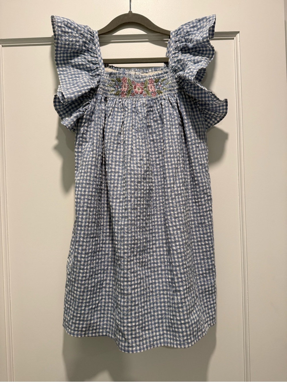 Janie and Jack Blue Gingham Smocked Dress with Floral Detail
